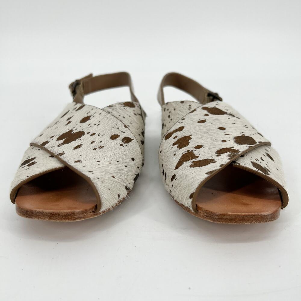 Either Or Crossband Calf Hair Sandals Womens 8 White Tan Animal Print Sling Back - Picture 2 of 8